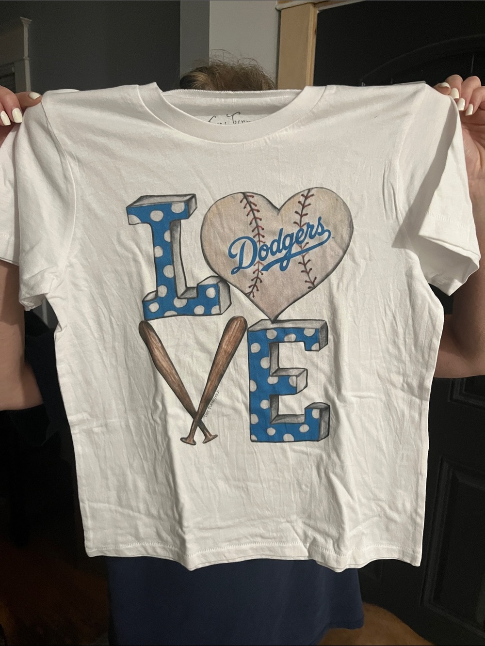 MLB Dodgers Kids White Tee with Blue Polka-Dot LOVE Graphic